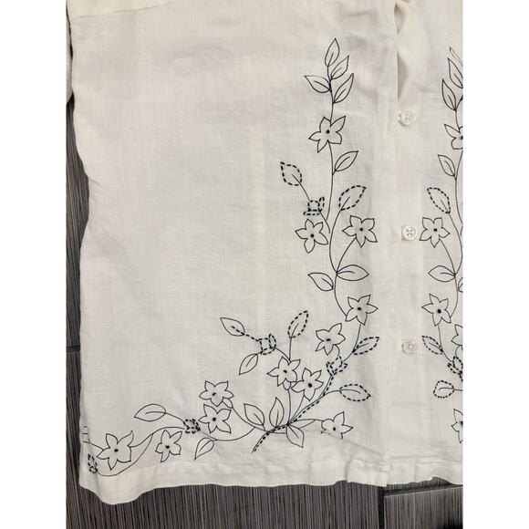 Mercer & Madison White Linen Black Floral Embroidered Button Down Shirt Size 10 - Picture 3 of 4